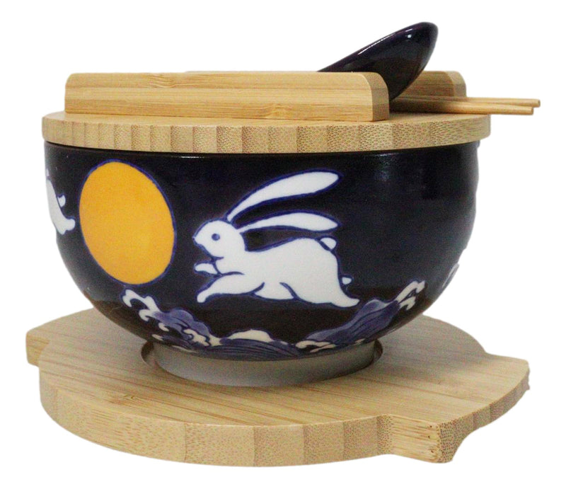 Yellow Moon White Rabbit Donburi Ramen Bowl With Lid Trivet Spoon Chopsticks Set