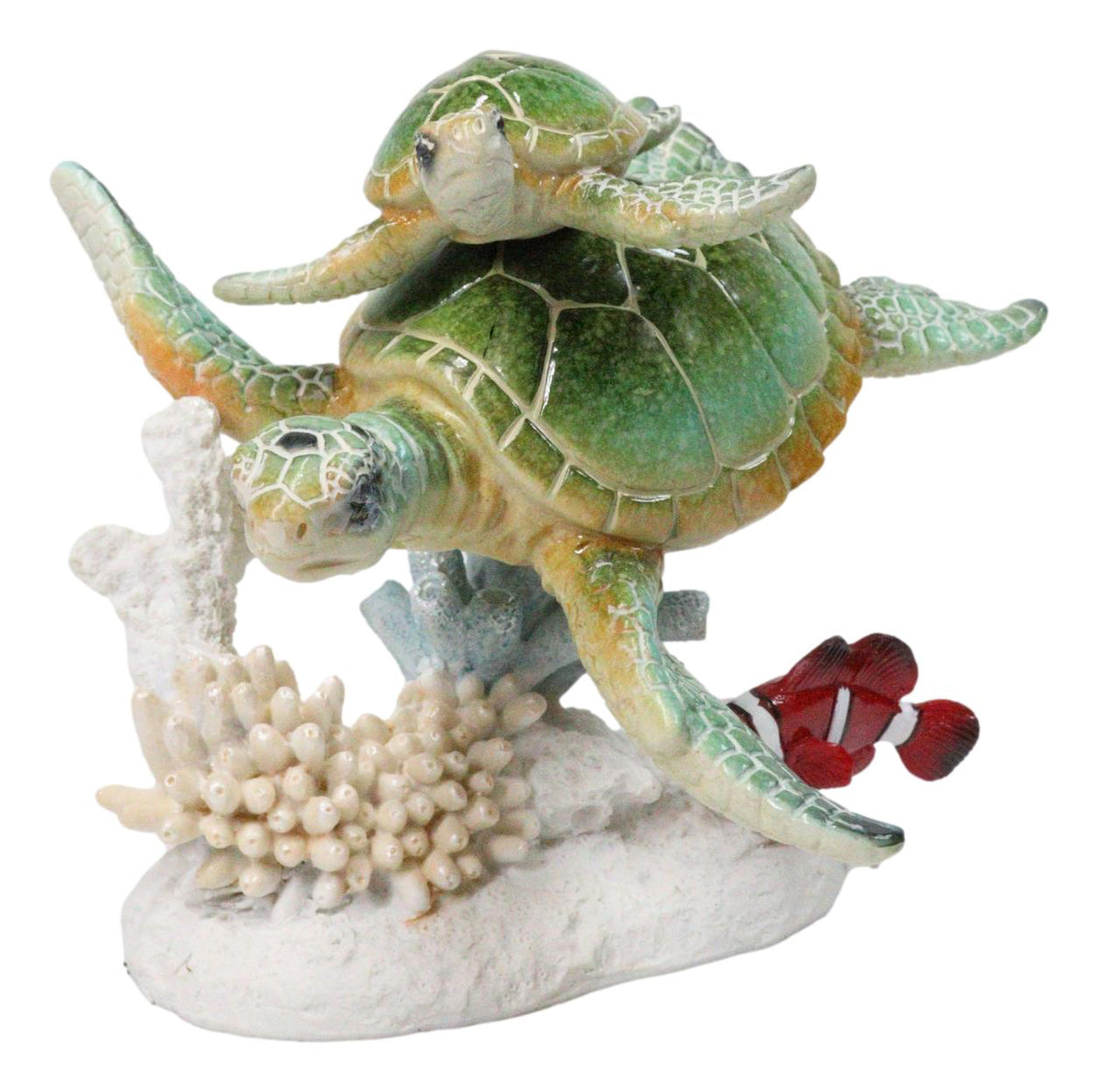 Green Sea Turtles Family Swimming By Coral Reef Sea Anemone Clownfish Figurine