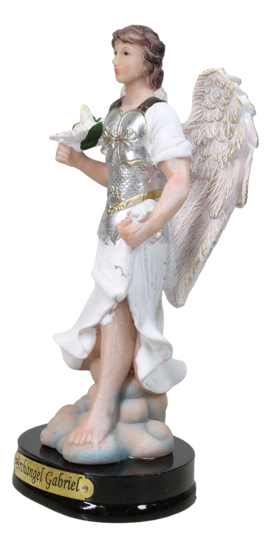Catholic Archangel Saint Gabriel Holding Scroll And Lotus Figurine With Base 5"H - Ebros Gift