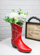 Rustic Western Floral Red Faux Leather Cowgirl Boot Vase Planter Figurine