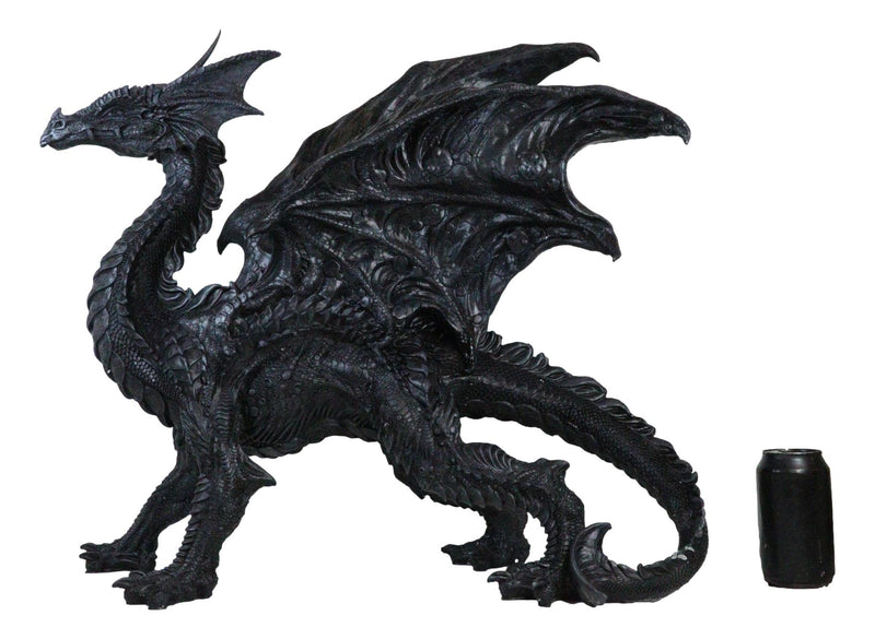 Large 24"L Nightfury Black Shadow Dragon Standing With Perched Up Wings Statue