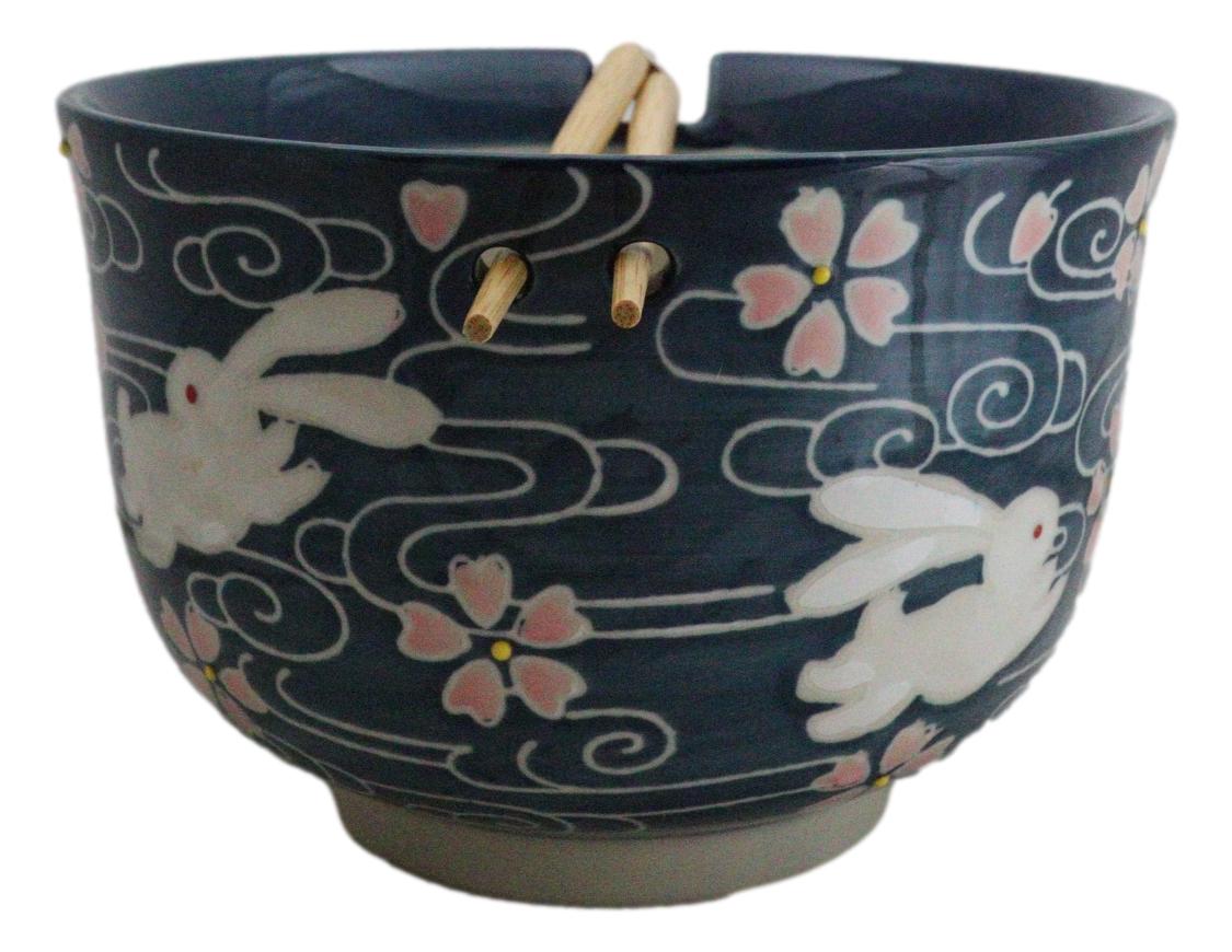 Pink Sakura White Rabbits Large 24Oz Donburi Ramen Bowl With Chopsticks Set