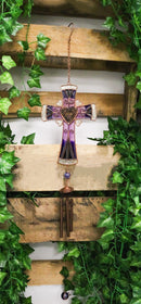 Purple Floral Scroll Hearts Christian Cross Art Glass Metal Resonant Wind Chime