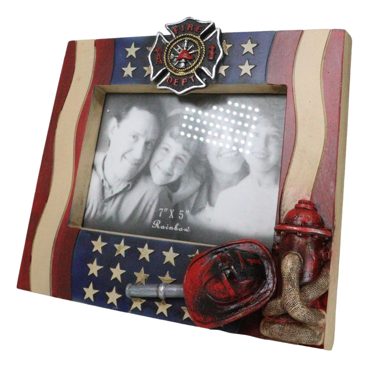 Patriotic Maltese Cross Fireman Helmet Hose Fire Hydrant USA Flag Picture Frame - Ebros Gift