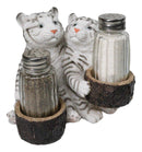 Siberian Snow White Tiger Couple Salt and Pepper Glass Shakers Holder Figurine
