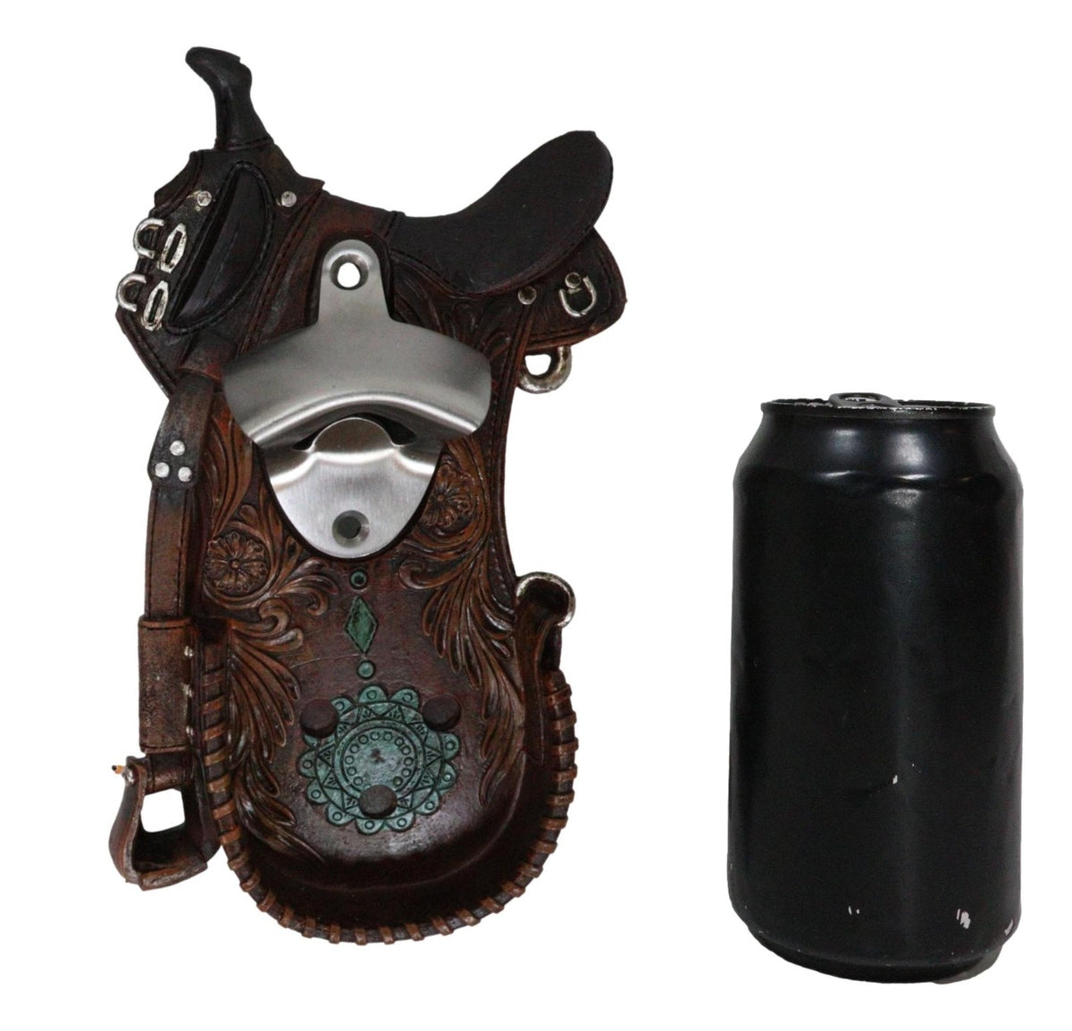 Rustic Western Cowboy Horse Saddle Tooled Floral Faux Leather Wall Bottle Opener