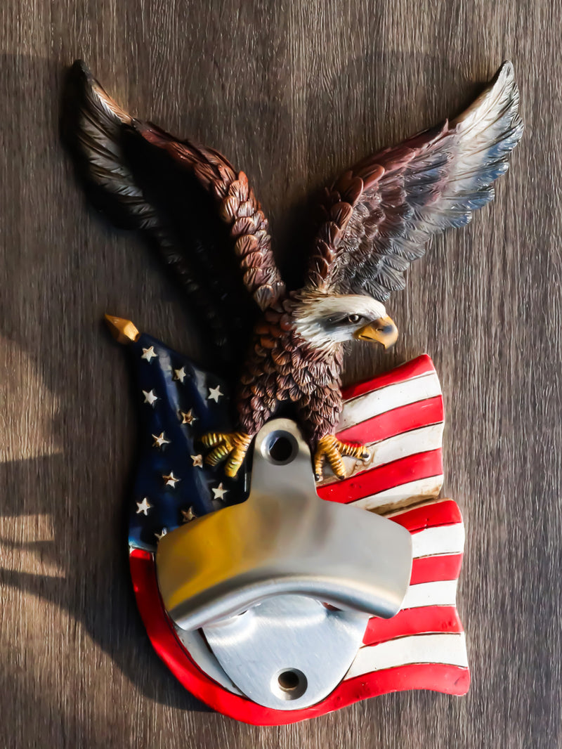 Patriotic USA Freedom Bald Eagle Perching On American Flag Wall Bottle Opener