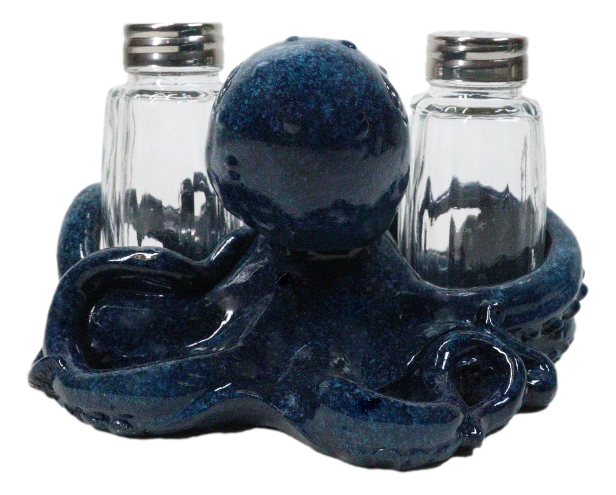 Blue Spotted Nautical Marine Cephalopod Octopus Salt Pepper Shakers Holder Set