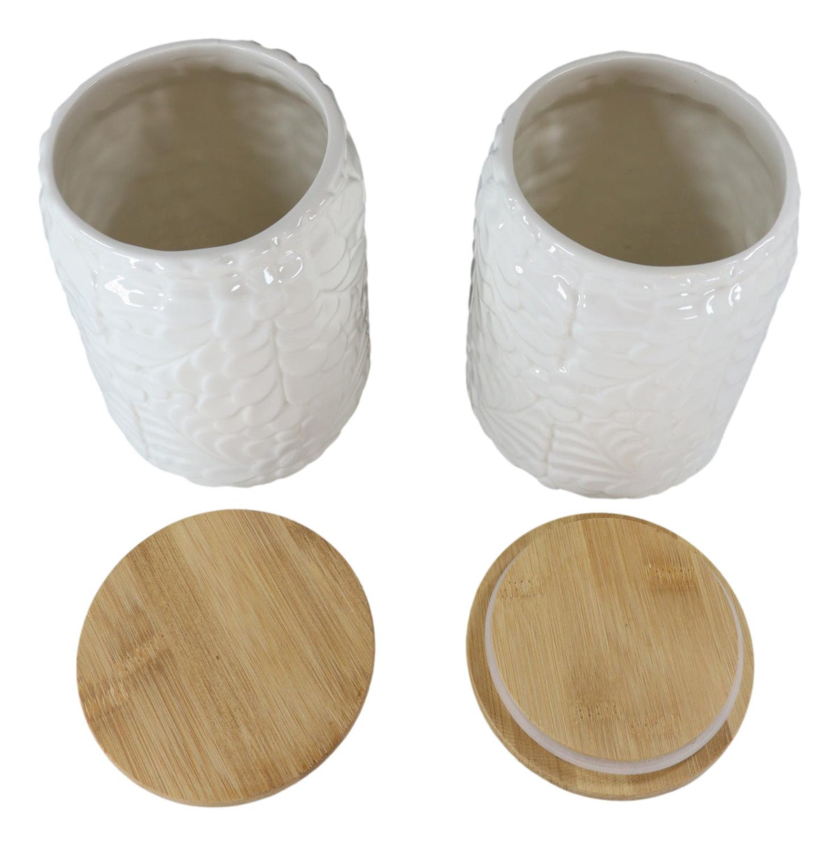 Set of 2 Ceramic White Floral Air Tight Canister Storage Jars Bamboo Lid 44oz