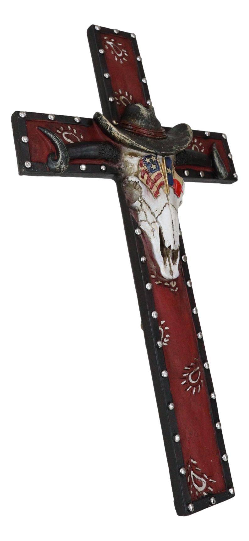 Rustic Western Patriotic Longhorn Cow Skull With USA Texas Flags Hat Wall Cross