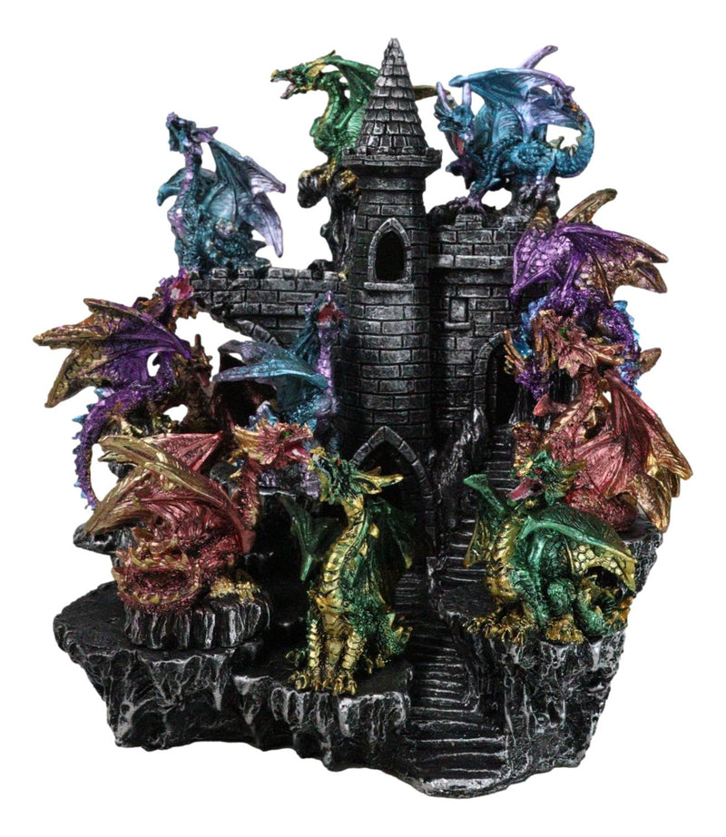 Medieval Colorful 12 Mini Dragons On Mountain Stonewall Castle Display Stand Set