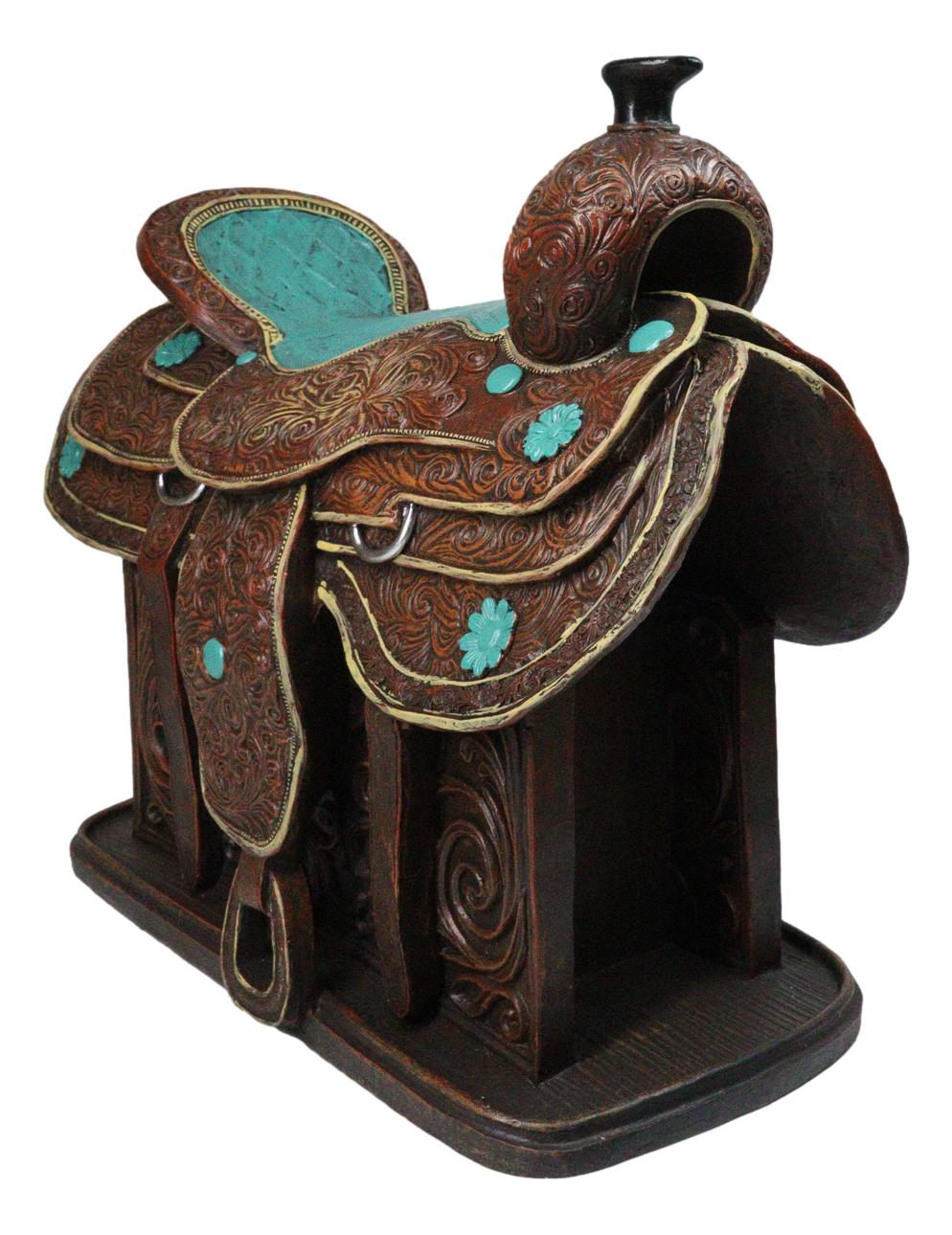 Western Saddle Centerpiece Figurine Faux Tooled Leather Turquoise Accents 13"L