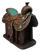 Western Saddle Centerpiece Figurine Faux Tooled Leather Turquoise Accents 13"L
