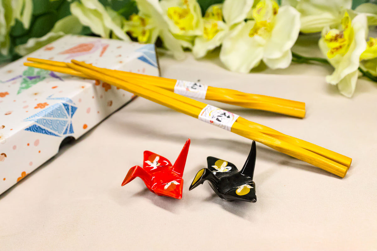 Red And Black Full Moon Cranes Set of 2 Chopsticks And Ceramic Rests Set