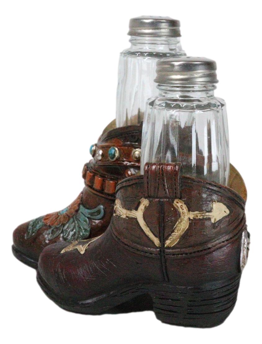Rustic Cowgirl Turquoise Flowers Stars Double Boots Salt Pepper Shakers Holder