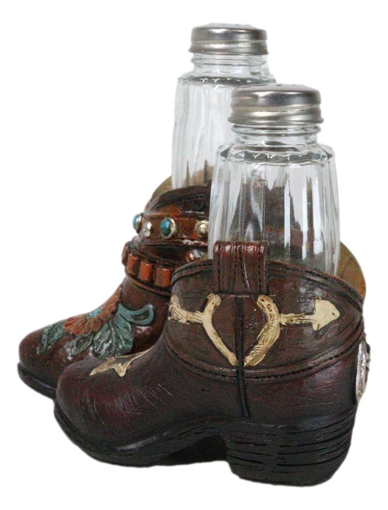 Rustic Cowgirl Turquoise Flowers Stars Double Boots Salt Pepper Shakers Holder