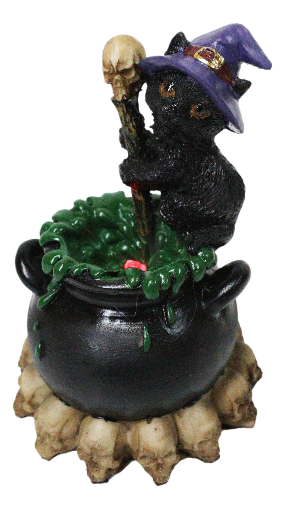 Witch Hat Black Cat Brewing Potion in LED Cauldron with Skulls Bonfire Figurine