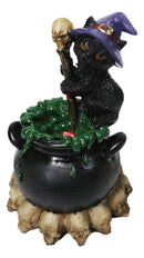 Witch Hat Black Cat Brewing Potion in LED Cauldron with Skulls Bonfire Figurine