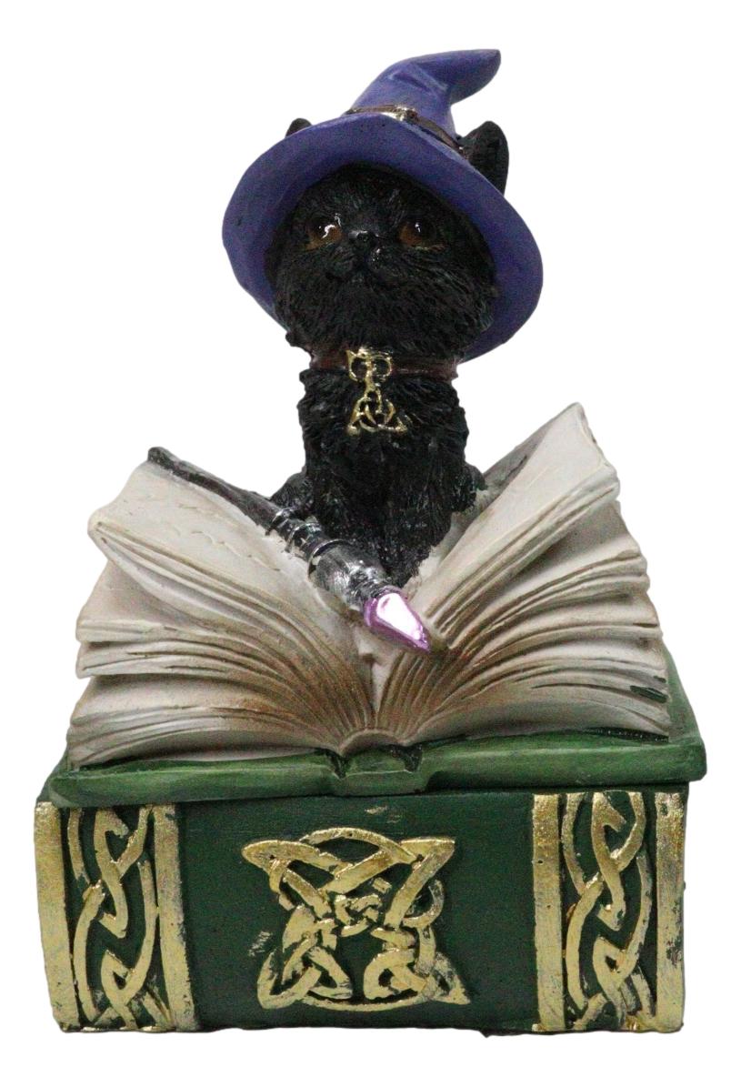 Mystical Black Cat with Witch Hat On Green Book of Spells Small Trinket Box