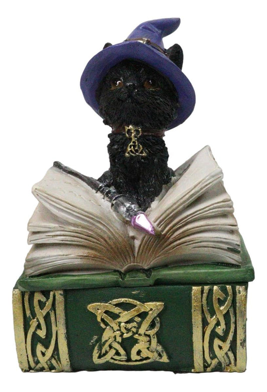 Mystical Black Cat with Witch Hat On Green Book of Spells Small Trinket Box