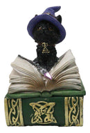 Mystical Black Cat with Witch Hat On Green Book of Spells Small Trinket Box
