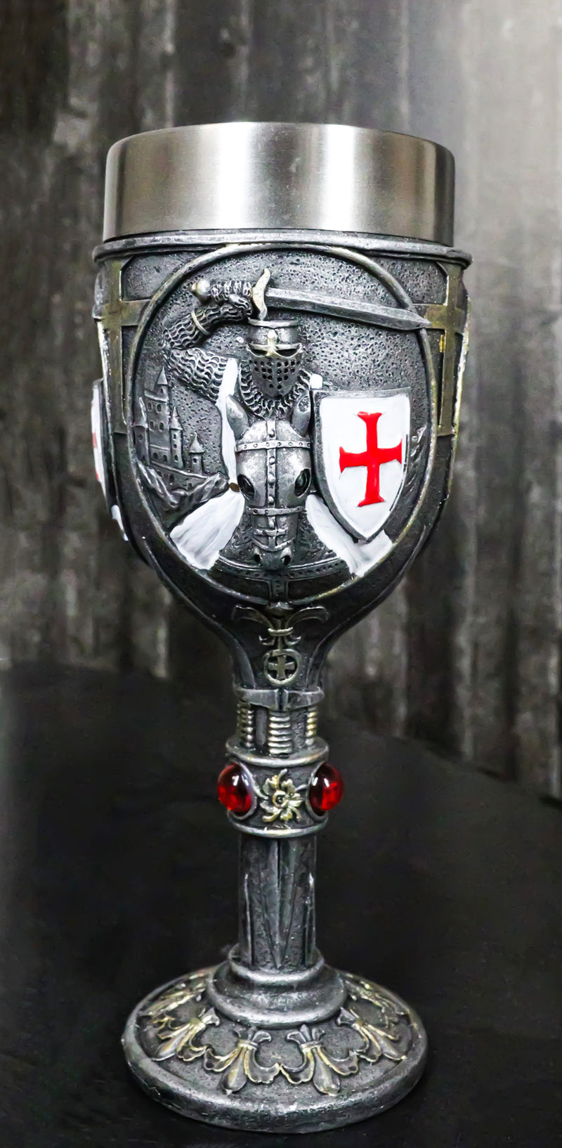 Medieval Templar Crusader Knight Suit of Armor On Horse Wine Goblet Chalice Cup