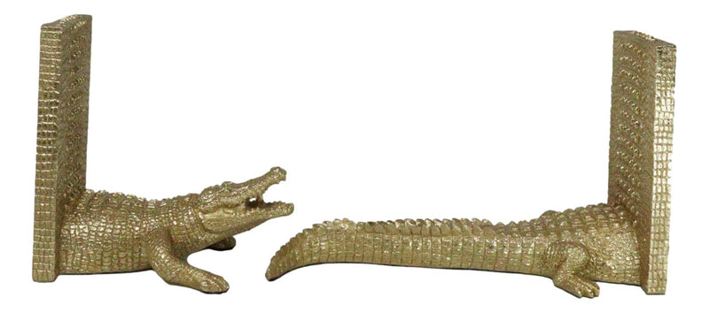 Nautical Marine Faux Gold Crocodile Alligator Head And Tail Bookends Pair Set