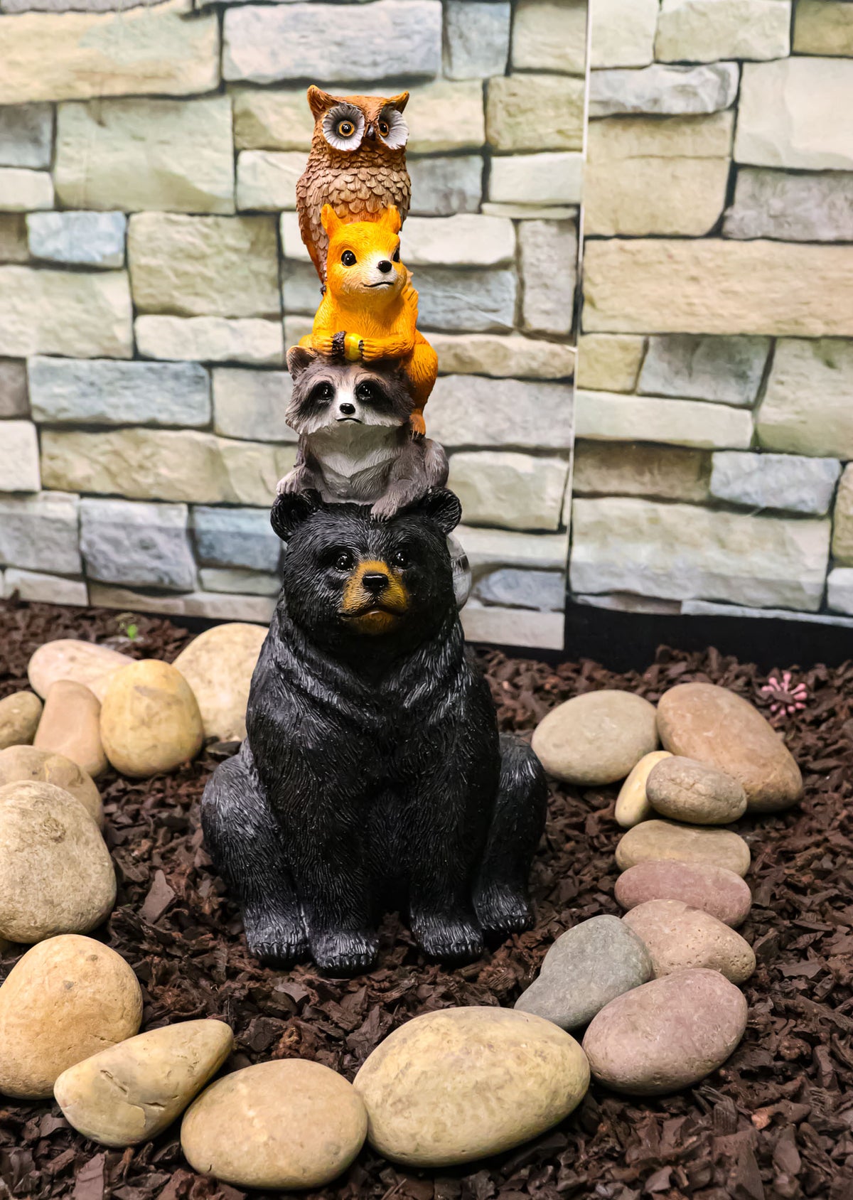 Woodlands Forest Totem Companions Black Bear Raccoon Squirrel Owl Stack Figurine