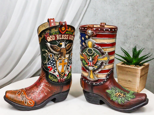 Set Of 2 Rustic Western Patriotic USA Flag Military Cowboy Boot Money Banks