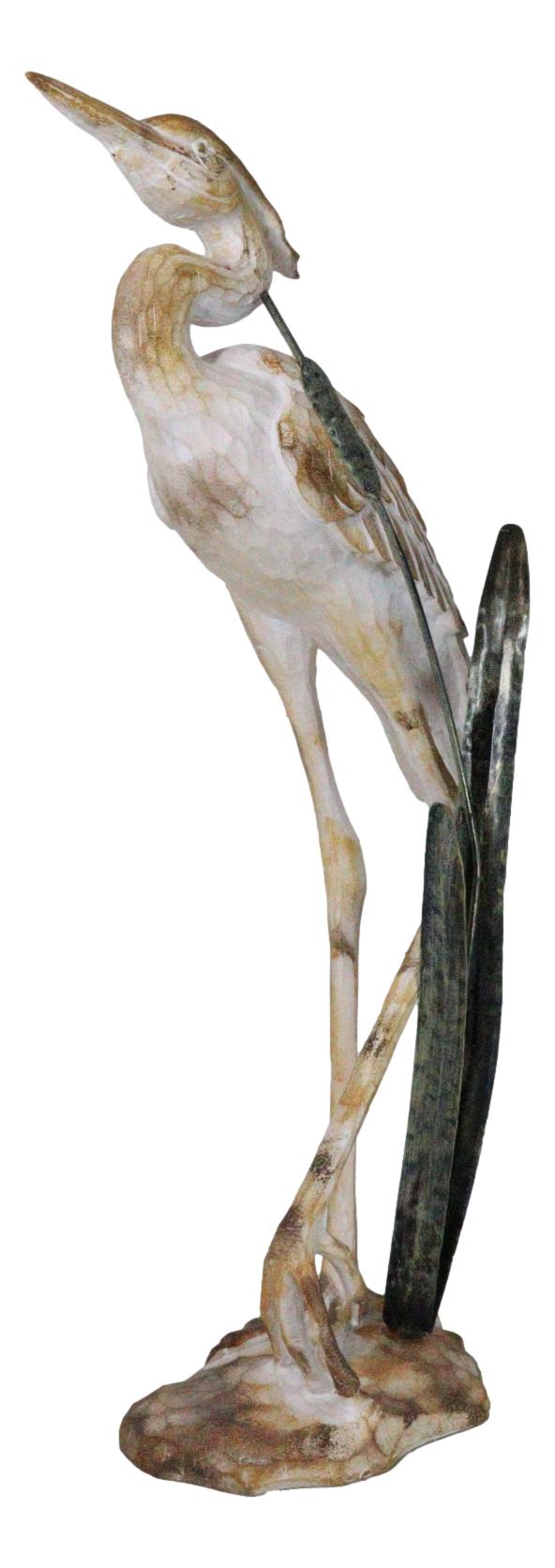 Large Marine Majestic Heron In Reeds Distressed Faux Wood Finish Sculpture 24"H