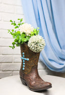 Rustic Western Turquoise Rocks Cross Faux Leather Cowgirl Boot Vase Figurine