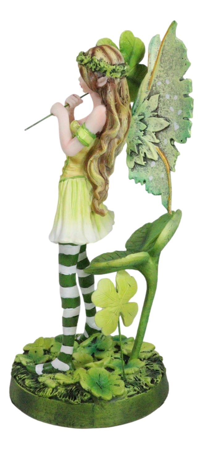 Green Shamrock Lucky Clovers Spring Garden Fairy With Striped Leggings Figurine