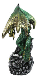 Metallic Green and Gold Rune Dragon Guarding Glass Prism Crystals Figurine 10"H