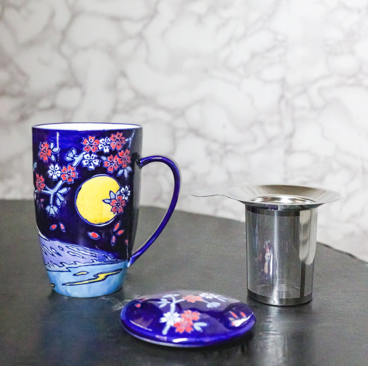 Blue Moon Fuji Mountain 15oz Porcelain Tea Mug With Lid Stainless Steel Infuser