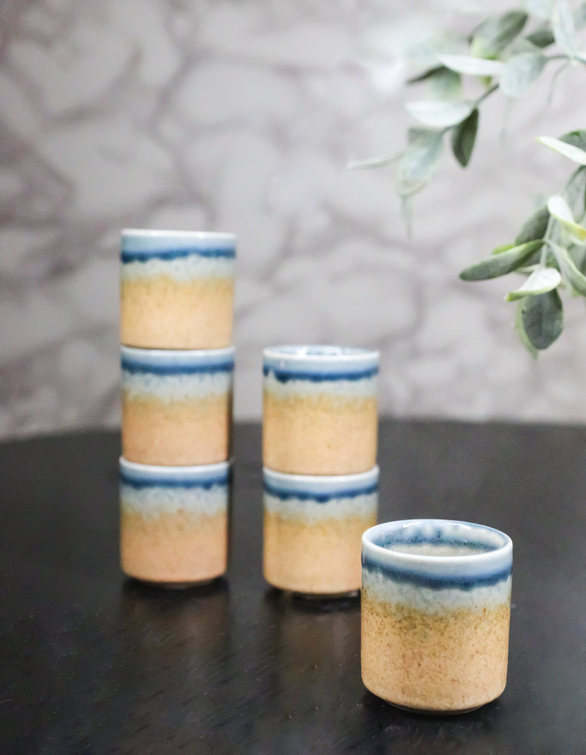 Set of 6 Artistic Blue River Sand Ao Nagashi Porcelain 1.25oz Ochoko Yuzu Cups
