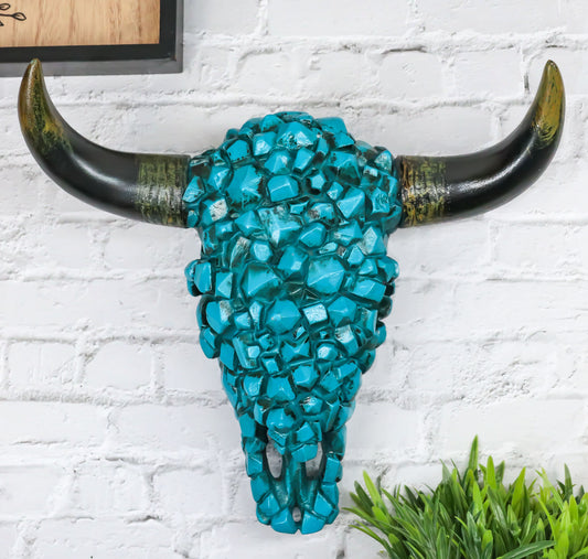 Southwest Steer Bison Bull Cow Skull With Mosaic Turquoise Rocks Wall Decor - Ebros Gift