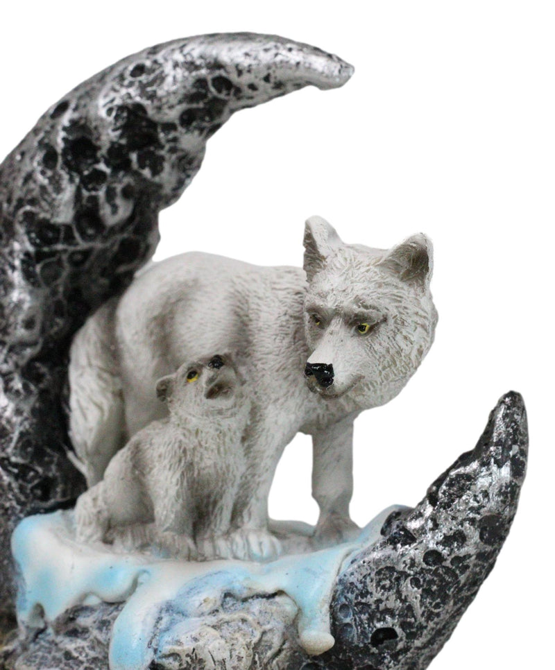 Winter Snow White Wolf With Pup Cub By Snowy Crater Crescent Moon Figurine