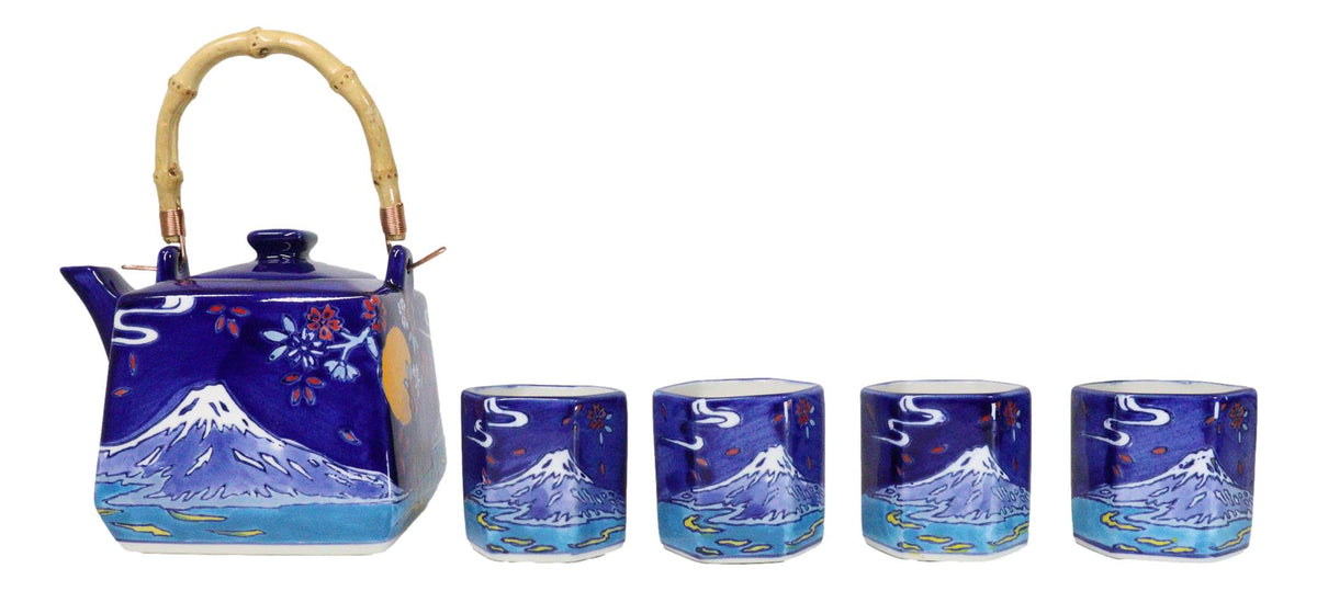Blue Mount Fuji With Full Moon Ceramic Hexagonal Teapot With 4 Tea Cups Set