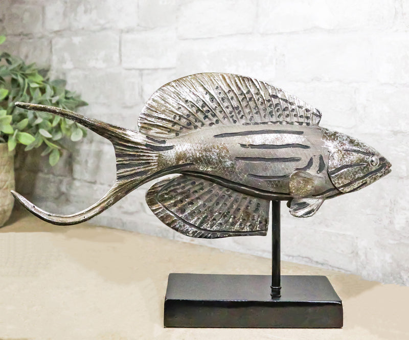 Nautical Marine Silver Tone Anthias Fish Sculpture With Museum Pole Stand Decor