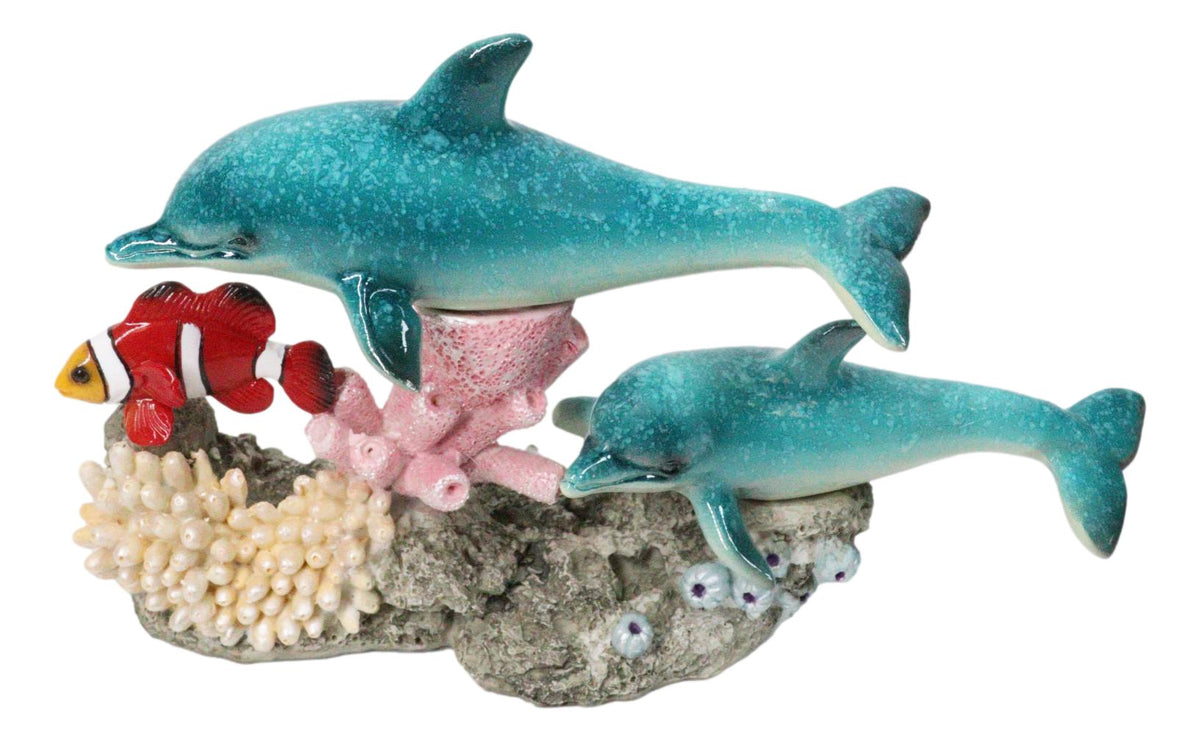 Ocean Blue Dolphins Clownfish Swimming By Coral Reef and Sea Anemone Figurine