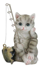Lifelike Grey Tabby Cat Sitting by Pail of Fishes And Pole Fishing Figurine