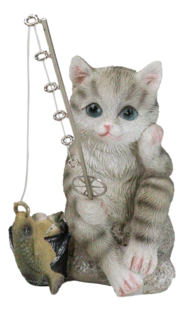 Lifelike Grey Tabby Cat Sitting by Pail of Fishes And Pole Fishing Figurine