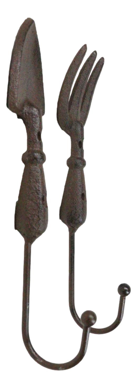 Pack of 2 Cast Iron Garden Hand Tool Fork and Trowel Wall Hooks For Coats Keys