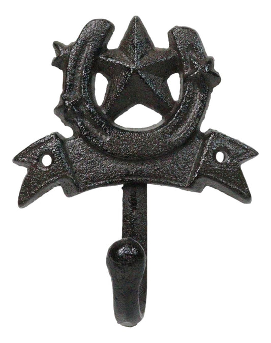 Set Of 2 Cast Iron Rustic Western Cowboy Lone Star Horseshoe Coat Hat Wall Hooks