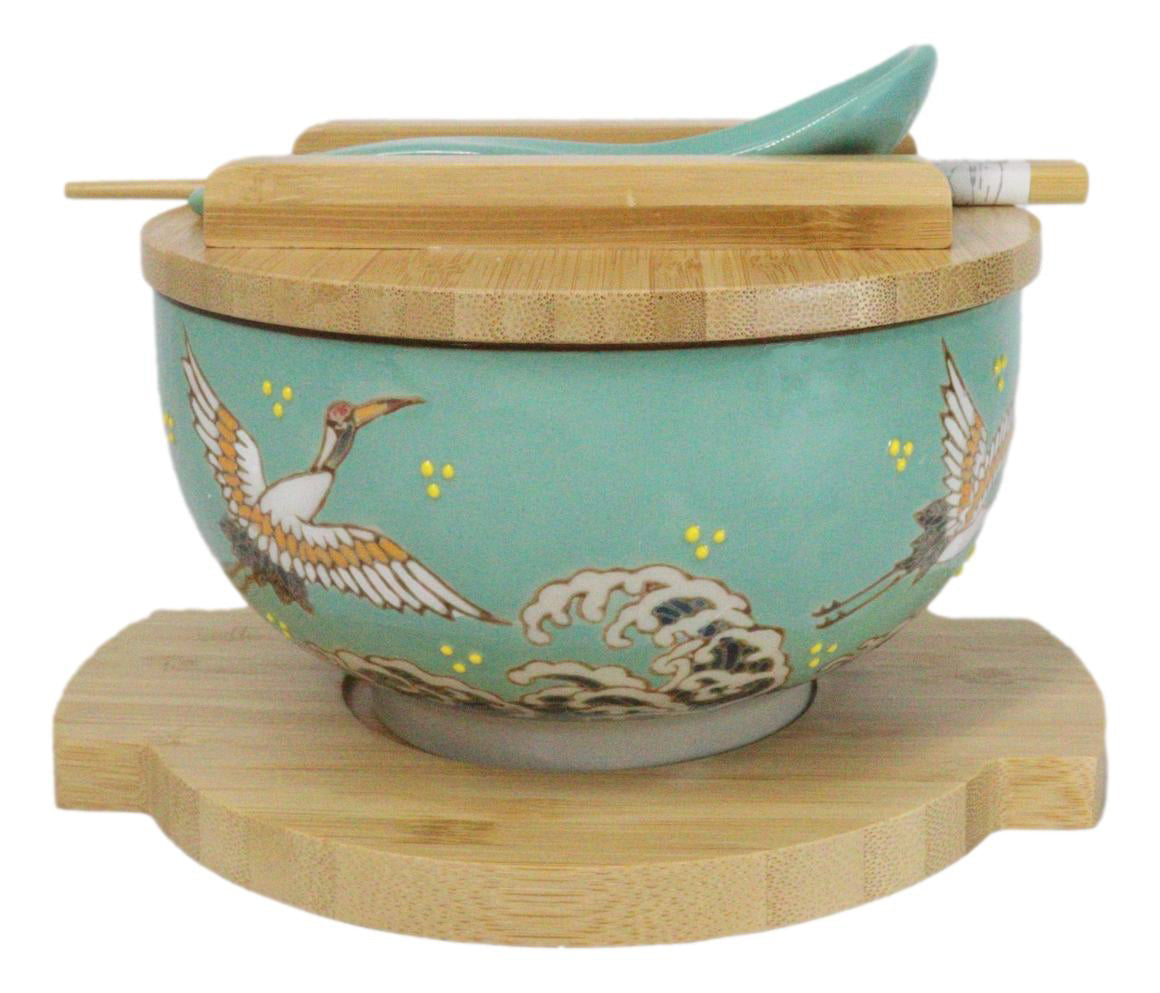 Turquoise Japanese Crane Donburi Ramen Bowl With Lid Trivet Spoon Chopsticks Set
