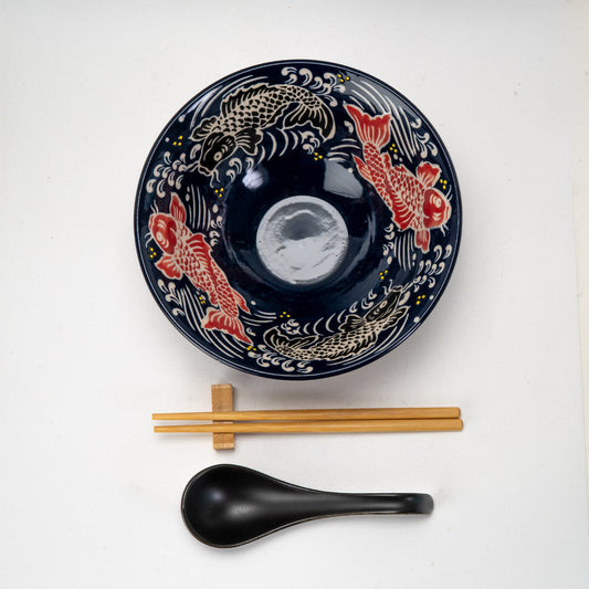 Red Koi Fishes Ceramic Ramen Rice Bowl With Soup Spoon Chopsticks And Rest Set