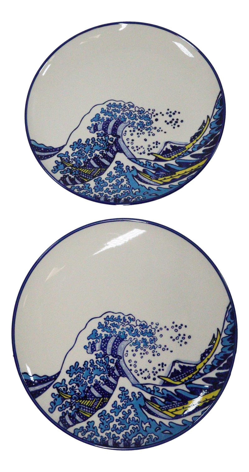 Set Of 4 Hokusai The Great Wave Of Kanagawa Mount Fuji 11"D Round Dinner Plates