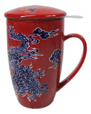 Red Oriental Dragon King 15oz Porcelain Tea Mug With Lid Stainless Steel Infuser