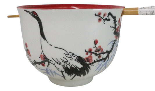 Japanese Crane On Cherry Blossoms Ceramic Donburi Ramen Bowl With Chopsticks Set - Ebros Gift