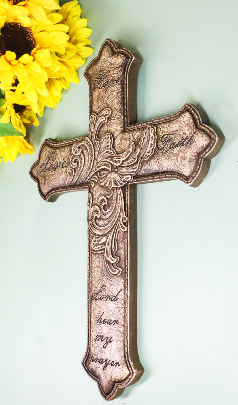Hope Love Faith Lord Hear My Prayer Fleur De Lis Floral Faux Leather Wall Cross